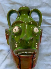 Randy Tobias NC-Face Jug 6” x 9"  Green Glaze. No Chips.