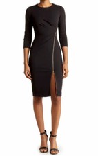 CALVIN KLEIN EXPOSED ZIPPER TRIM, 3/4 SLEEVE SHEATH DRESS, BLACK , SIZE 6 NWT