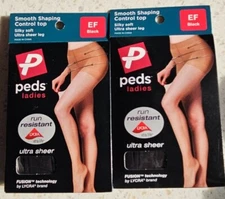 2 Pair Peds Ladies Smooth Shaping Control Top Pantyhose Sheer Leg Size EF Black