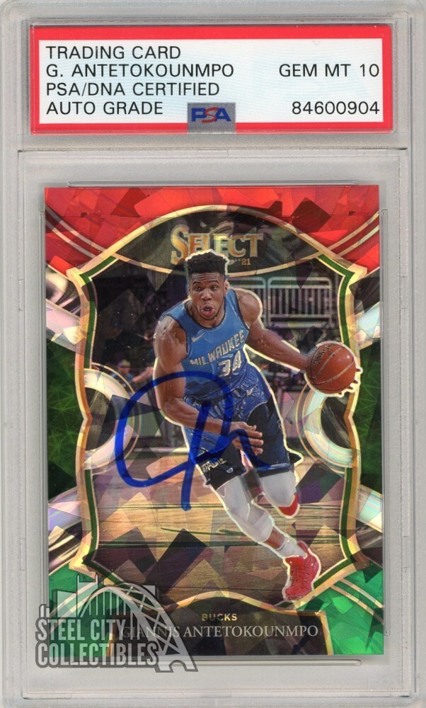 Giannis Antetokounmpo 2020-21 Panini Select R/W/G Cracked Ice Auto PSA/DNA 10