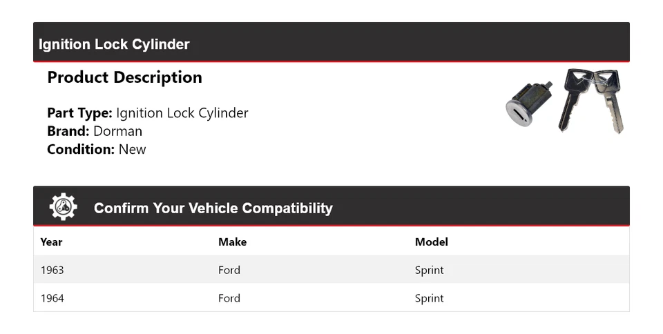 Cilindro de bloqueo de encendido para Ford Sprint Dorman 1963-1964 Foto 2 de 4
