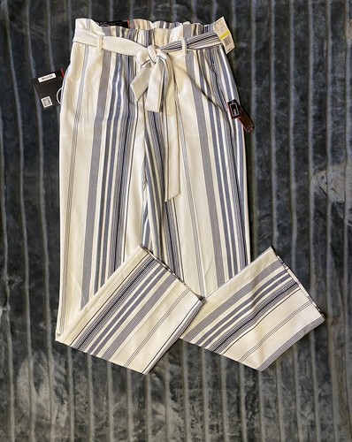 BBJ High Waisted Womens Striped Pants Gathered Tie Wide Leg Med Navy Cream NWT - Picture 2 of 4