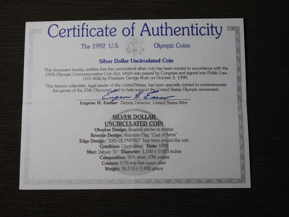 US MINT COIN  1992-D  XXV OLYMPICS BASEBALL PITCHER  UNC 90% SILVER DOLLAR - Image 2 of 4