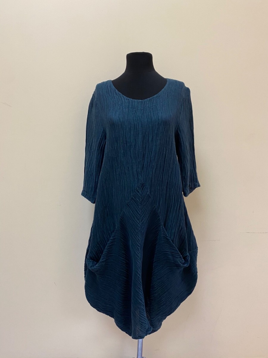 Grizas Womens Blue Crinkle Asymmetric Silk Linen Dress Size S