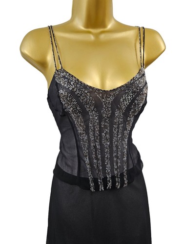 UK 10 KAREN MILLEN Vintage Black Silk Beaded Camisole Flare Dress Party Evening - Picture 3 of 11