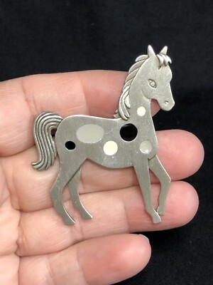 Vtg JJ Jonette Jewelry Horse Spotted Pony  Pin Pewter Signed NEW 80s