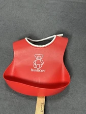 Baby Bjorn Food Catching Bib Silicone Red w White Beaded Rim Deep Catch Pocket