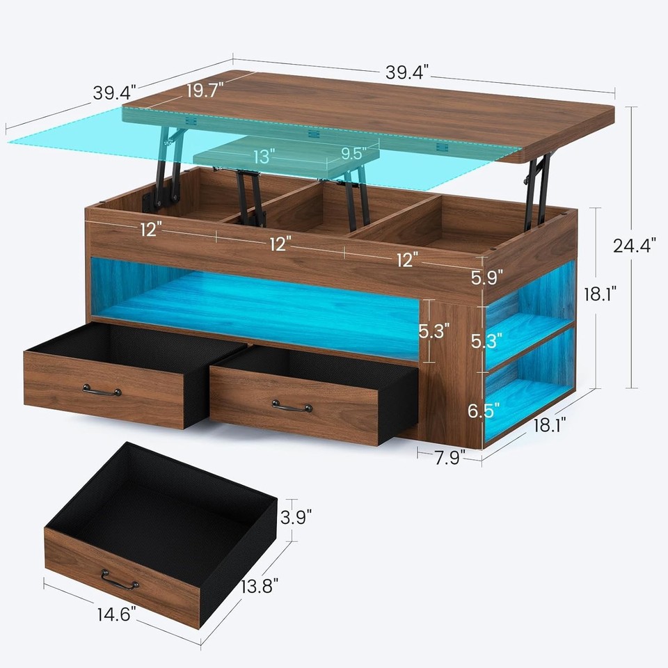 Lift Top Coffee Table with 2 Fabric Drawers & LED Light, Farmhouse ...