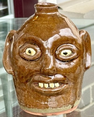 Signed Reggie Meaders (b1919-d2009) Face Jug, Glossy Brown Glaze, Lula, GA 1990