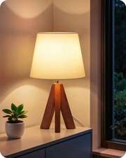 Tripod Table Lamp, Small Bedside Lamp with White Fabric Shade  Dark Wood Bas...