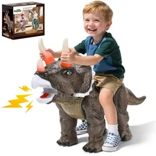 Dinosaur Ride On Toy Cars for Kids, Realistic Triceratops Push Car with Three...