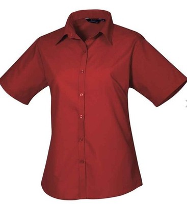 Premier Kurzarm Popeline Bluse Burgund Größe 6 PR302 Pflegeleicht