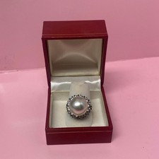 HC Marked Sterling Silver Ring with Big Faux Pearl and CZ Gold Plated Size 8