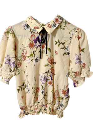 Moa Moa Cream Flowers High Collar Elastic Waist Arms Blouse Size Medium
