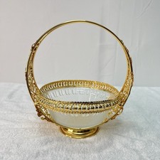 18cm Gold Decorative Fruit Bowl with Glass Insert & Metal Handle Basket
