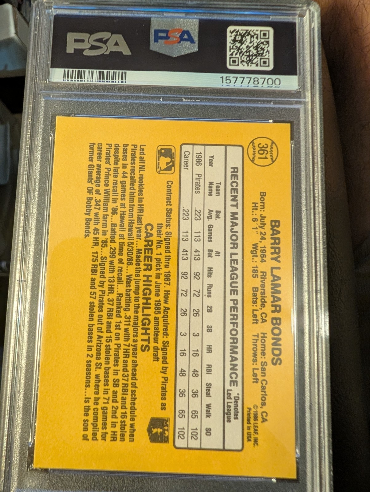 1987 Donruss #361 – Barry Bonds Rookie Card (RC) – PSA 9 Mint view 2