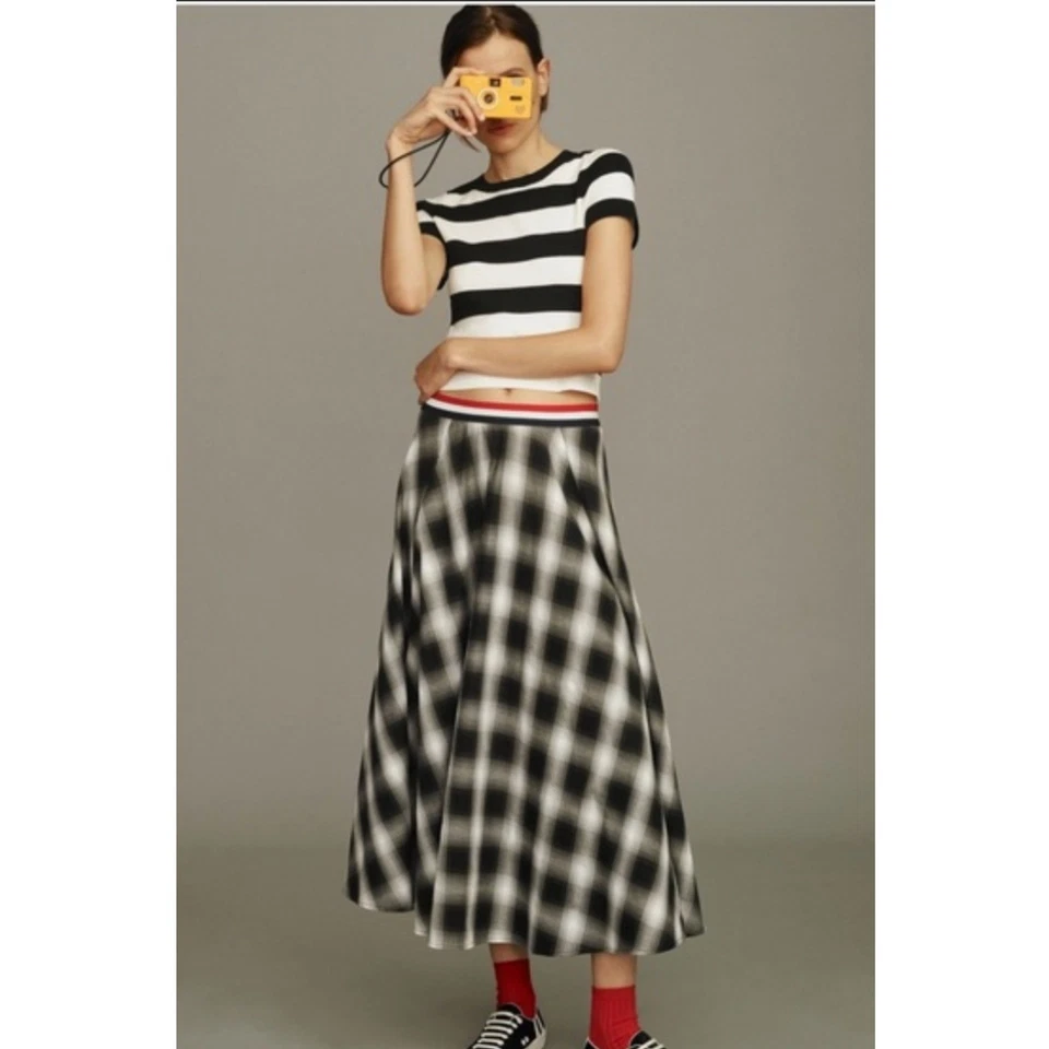 Mare Mare x Anthropologie Plaid Midi Skirt Small Black White A-Line Check Print
