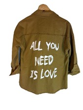 Unisex Oversized Graphic Shacket &ldquo;All You Need Is Love&rdquo; Khaki Size Small