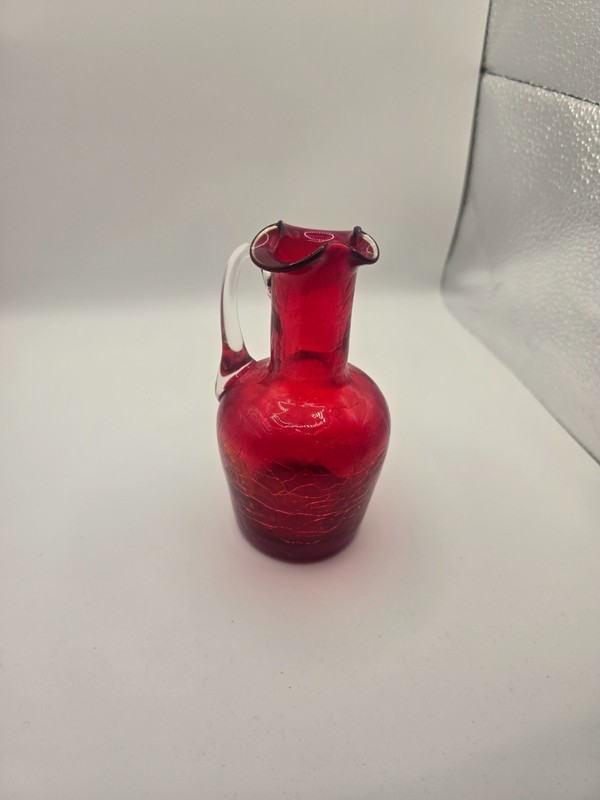 MCM Handblown Ruby Red Crackle Glass Pitcher Creamer 5"