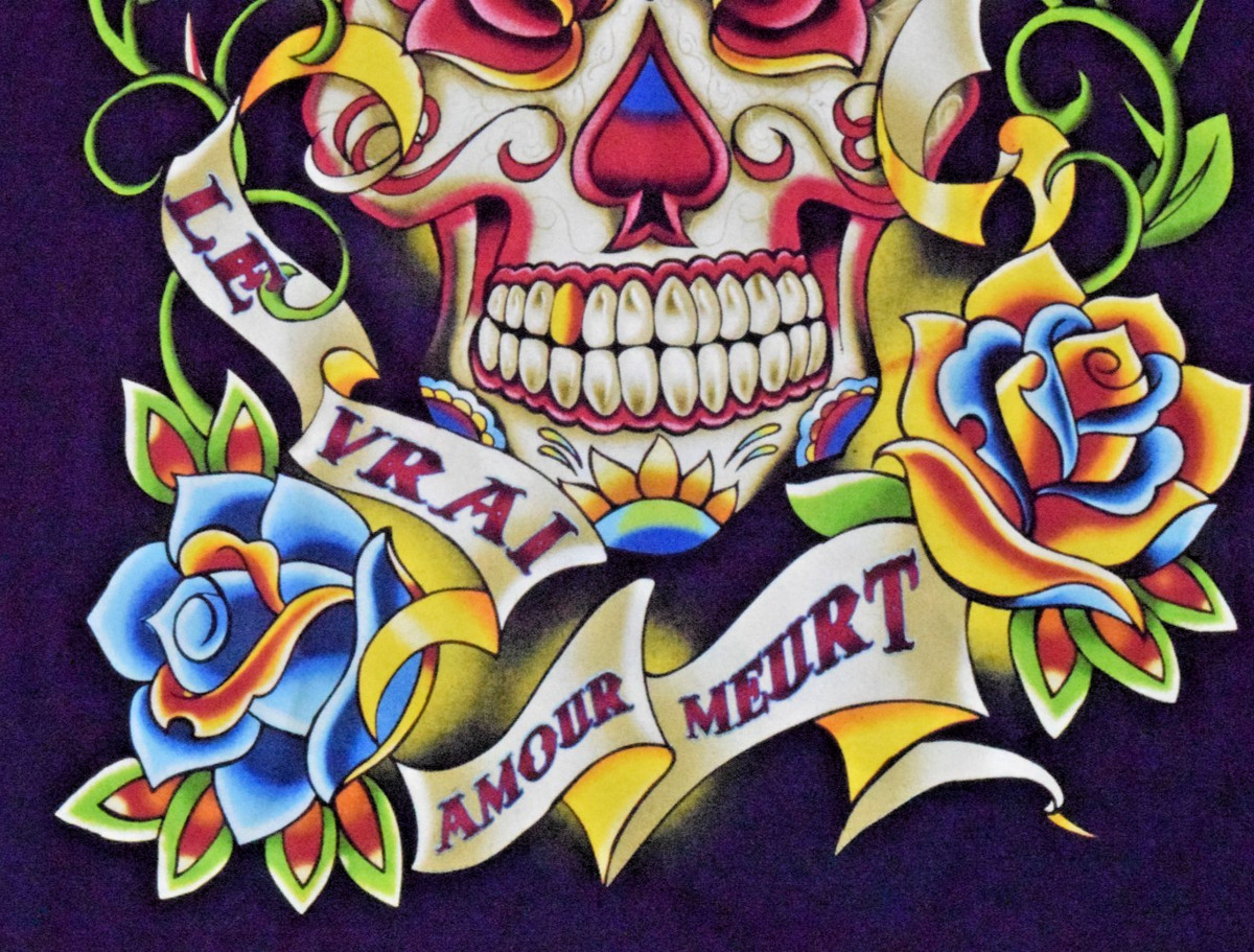 VTG Mens T-Shirt Yazbek Size L Y2K Le Vrai Amour Meurt Skull Rose True Love Dies