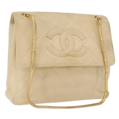 CHANEL Matelasse Chain Shoulder Bag Lamb Skin Ivory Gold CC Auth 164270