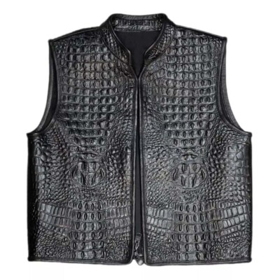 Men's Black Genuine Embossed Leather Vest Concealed Carry