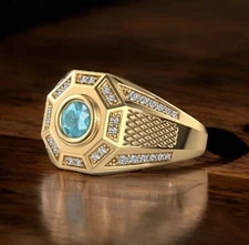 Blue Topaz Round Cut With 925 Sterling Silver Gold Plated Ring For Men's #A295