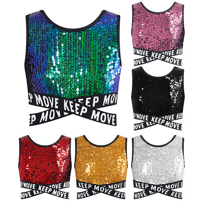 Kinder Mädchen Crop Top Shiny Oberteil Performance Bluse Hip Hop Weste Disco BH
