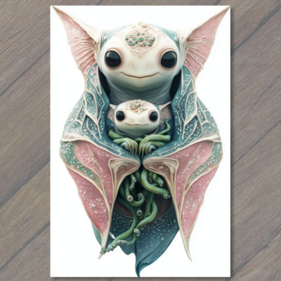 STICKER  Fantasy Creature Holding Baby Lizards with Tentacles Blue Pink Cute