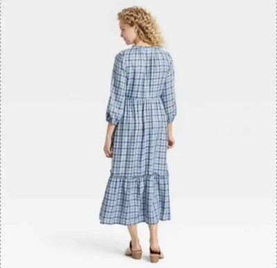 blue plaid maternity dress Plaid 3/4 Sleeve Round Neck Ruched Maternity Dress – HELLO MIZ main image 1