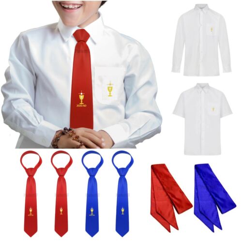 2024 OFFICIAL PARKERS BOYS FIRST HOLY COMMUNION TIE SHIRT SASH RED BLUE DATED - Picture 1 of 15