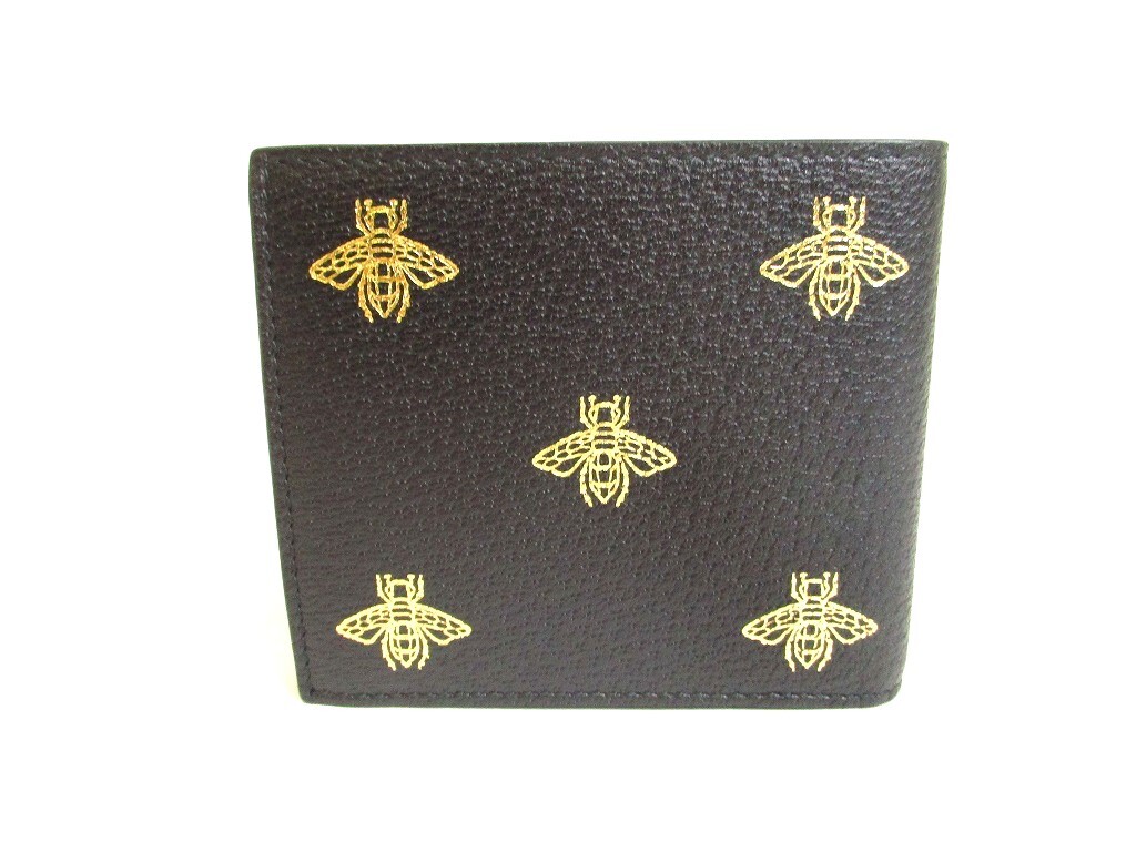 Gucci★素敵！Animalier Bee Black Leather Bifold Wallet Gucci Men's Animalier Bee Textured Black Leather Bifold Wallet