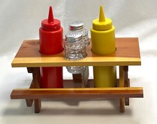 Ketchup Mustard Bottle Salt Pepper Shakers Condiment Wooden Novelty Storage