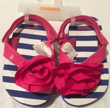 NWT Gymboree Blue Striped Flip Flops Sandals w/ Pink Rosette Baby Girl Size 5-6
