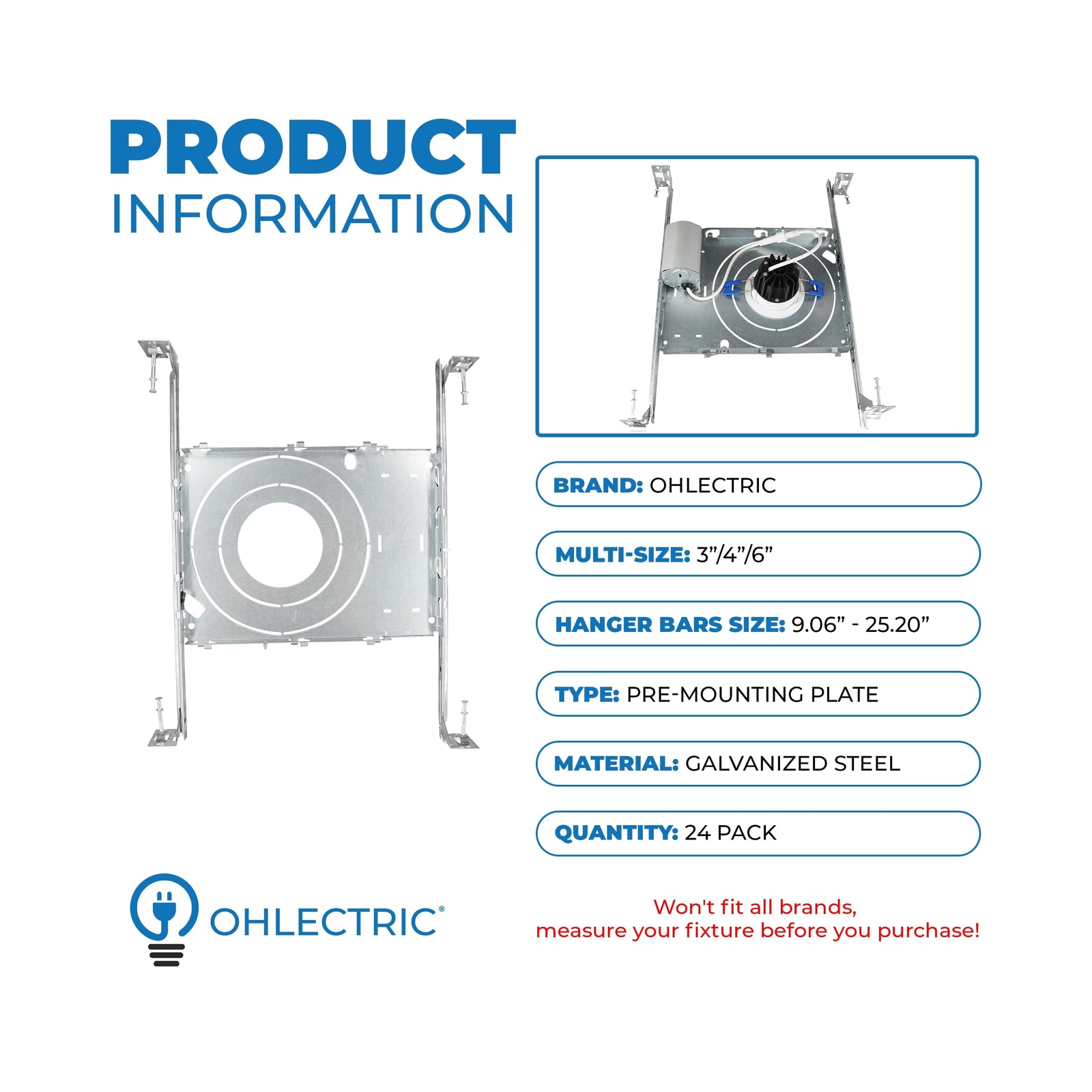 OHLECTRIC New Construction Pre-Mounting Plate with Hanger Bars, Compatible wi...