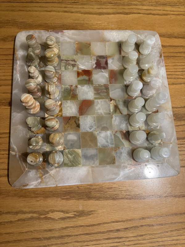 Table Chess Set. Green, White & Brown Marble Onyx. 12”x12”