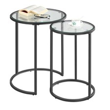 Nesting Coffee Tables Set of 2 with Glass Top & Metal Frame - Black