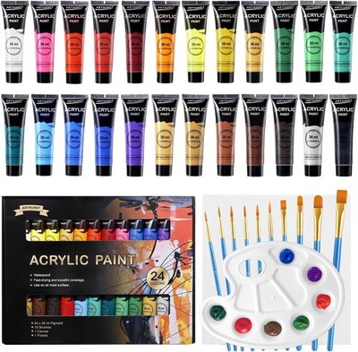 Acrylfarben Set, 24 x 36 ml Farbset mit 10 Pinseln für Leinwand, Holz, Papier,