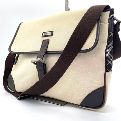 Burberry Black Label Messenger Bag Nova Check Beige Leather Trim Genuine