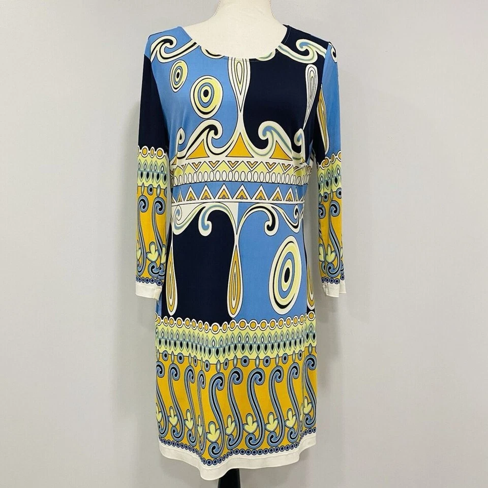 Vestido ALI RO 6 Anthropologie Cambio Azul Dorado Mod Años 70 Dopamina Artístico Psicodélico  Foto 2 de 4