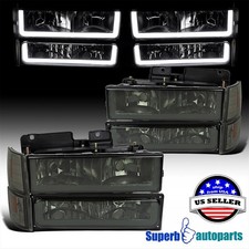 Fit 1994-1998 Gmc C10 Ck 1500 2500 3500 Smoke Headlights Bumper Lamps Led Strip