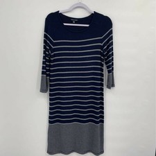 Hilary Radley Sweater Dress Blue Gray Stripe Stretch 3/4 Sleeve Scoop S