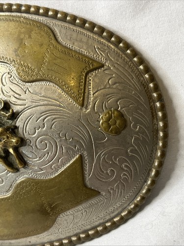 Vintage Montana Silversmiths Buckle Huge Bull Rider Nickel Dual Gold Banners - Picture 4 of 18