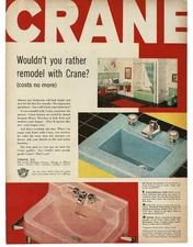 1956 Crane Drexel Bathroom Suite Blue Pink Sinks Vintage Print Ad