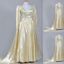 Champagne Wedding Dresses with Long Sleeves Silk Satin Vintage Bridal Gowns