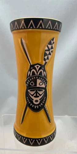 2002 Tiki Farm TRADER VIC'S Logo Orange Yellow Tall Ceramic Cup Mug Vase - Rare