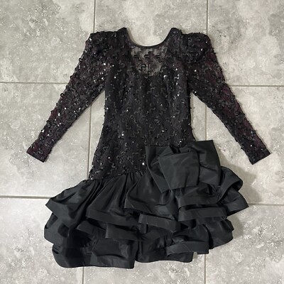 Lillie Rubin Vtg 80s Lace Sequin Taff Long Sleeve Ruffle Hem Tiered Dress Y2k 2