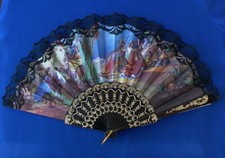 Vintage Handheld Folding Fabric Souvenir Fan of Spain - Black Lace and Fabric