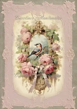 Shabby Chic Bird & Pink Roses Designer Cotton Fabric Quilt Block Multi-size