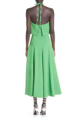 slim fit dress slacks Mac Duggal Women's Thin Strap Pleated Metallic Gown with 3D Flower - Green - Size 2 main image 1